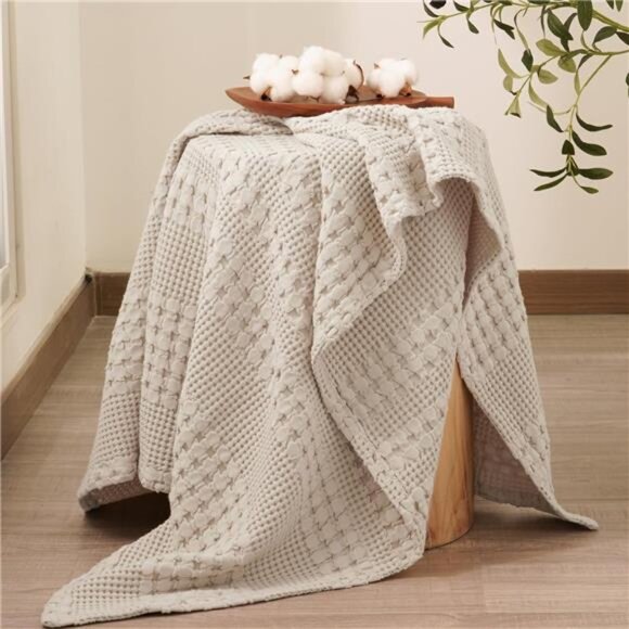 100% Cotton Waffle Weave Throw Blanket, Soft Lightweight Breathable Cozy - Picture 4 of 7